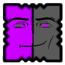 Gigachad face with a smug expression split between purple and gray colors.