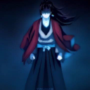 A dark anime warrior stands with a glowing blue aura and a serious expression.
