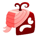 A red block-shaped character with a flat, unimpressed face and pink layered top.