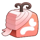 A pink cube character wrapped in white bandages with a sad expression.