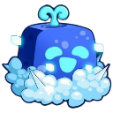 Blue cube character with a happy face surrounded by a fluffy cloud of snow.