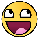 Yellow smiley face with a wide, toothy grin and eyes looking upward in a smug expression.