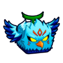 A stylized blue bird with bright yellow eyes and a green sprout on its head looking intensely forward.