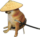 A Shiba Inu dog wearing a conical straw hat and carrying a katana sword.