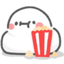 A cute white blob character with a neutral expression holding a red bucket of popcorn.