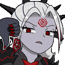 Anime girl with gray skin and red eyes giving a thumbs down gesture with a judgmental expression.