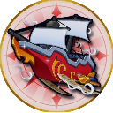 A stylized red sailing ship with white sails moving through clouds inside a circular compass-like frame.