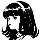 Anime girl with long hair and headphones looking to the side with a serious expression.