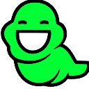 John the green blob character laughing with a wide, happy expression.