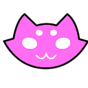 Cat-shaped symbol in bright pink with white eyes and a simple mouth line.
