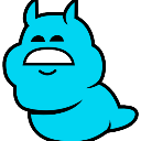 Blue blob creature with small horns and a wide, smug grin.