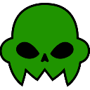A stylized green skull icon with empty black eye sockets and sharp teeth on a black background.