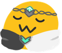 A yellow blob with a smug expression wearing a tiara and a black and white cape.