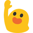 Yellow blob character waving its arm with a happy expression.