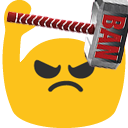 A yellow square face with an angry expression being hit on the head by a large gray hammer with the word BAN written in red.