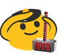 Yellow blob character wearing a cap and holding a large hammer labeled with the word BAN.