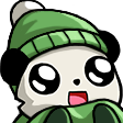 A cute white creature with large eyes wearing a green beanie and scarf, looking excited with its mouth open.