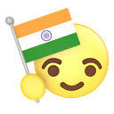 A yellow smiley face with a happy expression holding a flag with orange, white, and green stripes and a blue wheel.