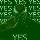 Venom character face surrounded by repeating green text that says YES.