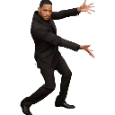 Will Smith in a black suit gesturing with both hands outstretched in a dramatic presentation pose.