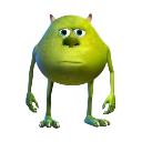 Mike Wazowski with a wide, flat face and a deadpan expression.