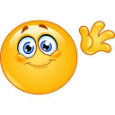 A yellow smiley face with big blue eyes waving its hand in a friendly gesture.