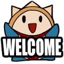 A cute cartoon mascot with a wide smile holding a sign that says WELCOME.