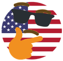 A yellow hand emoji with a thinking gesture superimposed over an American flag background, wearing black sunglasses.