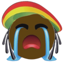 A dark-skinned emoji with dreadlocks and a multicolored beanie crying two large streams of blue tears.