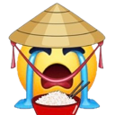 Crying yellow smiley face wearing a traditional straw hat and holding a bowl of rice with chopsticks.