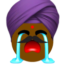 A man with a mustache and purple turban crying with large blue tears streaming down his face.