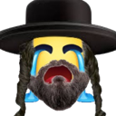 A yellow face with a thick beard and black hat crying blue tears.
