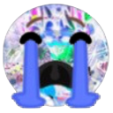 A distorted, deep-fried emoji face with large blue tears streaming down its cheeks.