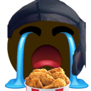 A crying face wearing a black durag eating a bucket of fried chicken.