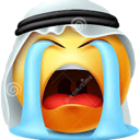A yellow 3D smiley face wearing a white head covering with large blue tears streaming down its cheeks while its mouth is wid…