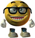 A yellow 3D emoji wearing thick black glasses and showing a wide, toothy grin with braces.