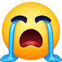 A yellow smiley face with an open mouth and large, thick streams of blue tears flowing from its eyes.