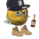 A yellow candy character wearing a black baseball cap and tan work boots, holding a bottle of liquor.