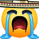 Yellow smiley face with a black mustache and a wide-brimmed hat crying large blue tears.