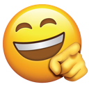 A yellow smiley face with a wide grin pointing its finger forward in a laughing gesture.