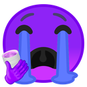 A purple circular face with a wide open mouth and streams of blue tears flowing down, holding a white cup with a purple-glov…