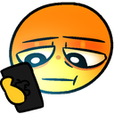 Orange face with a deadpan expression looking down at a smartphone screen.