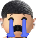 A person with a buzzcut and white earbuds crying large blue tears.
