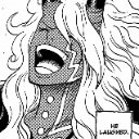 A manga character with long hair laughing with their mouth wide open.