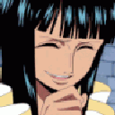 Anime girl with black hair covering her mouth while smirking with closed eyes.