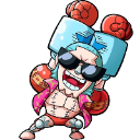 Franky from One Piece wearing sunglasses and posing with large red boxing-glove hands in a confident, high-energy stance.
