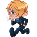 A chibi-style man with blonde hair wearing a suit, resting his chin on his hand with a confident expression.