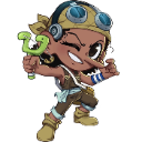 A cartoon boy with goggles winks while holding a green slingshot in a playful pose.