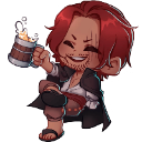 A red-haired chibi pirate smiling broadly while holding up a wooden mug in a celebratory toast.