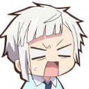 Atsushi Nakajima with white hair yelling with his eyes closed in a chibi anime style.